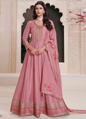 Light pink silk embroidered designer anarkali suit 1