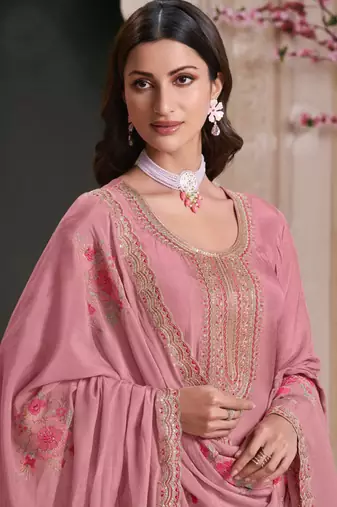 Light pink silk embroidered designer anarkali suit