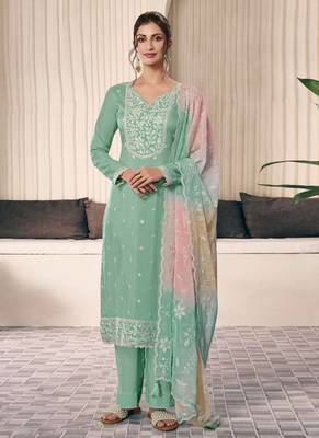 Sea green moonga silk thread embroidered salwar suit 1