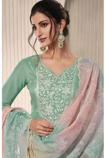 Sea green moonga silk thread embroidered salwar suit