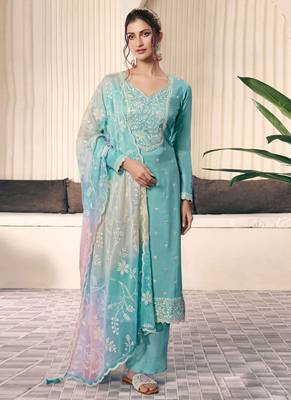 Sky blue moonga silk thread embroidered salwar suit 1