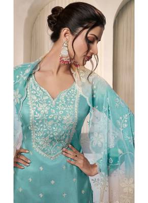 Sky blue moonga silk thread embroidered salwar suit 2