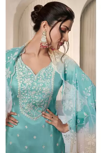Sky blue moonga silk thread embroidered salwar suit
