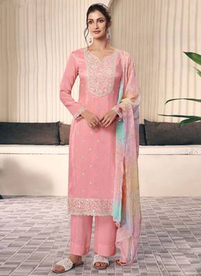 Peach moonga silk thread embroidered salwar suit 1