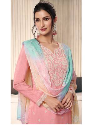 Peach moonga silk thread embroidered salwar suit 2