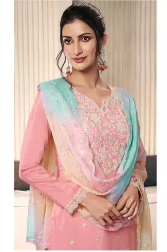 Peach moonga silk thread embroidered salwar suit