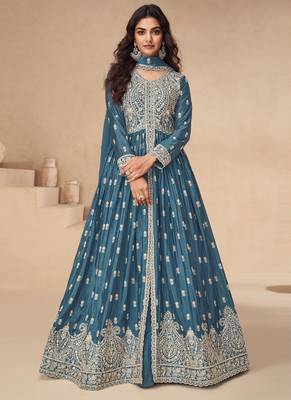Aqua blue chinon silk embroidered sequence anarkali suit 1