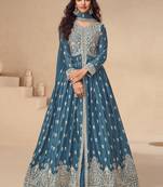 Aqua blue chinon silk embroidered sequence anarkali suit