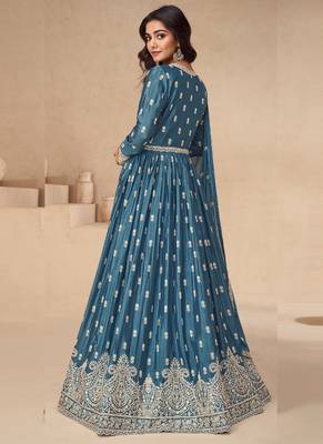 Aqua blue chinon silk embroidered sequence anarkali suit 2