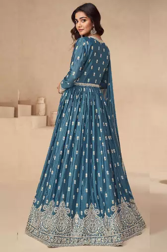 Aqua blue chinon silk embroidered sequence anarkali suit