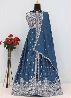 Aqua blue chinon silk embroidered sequence anarkali suit 3