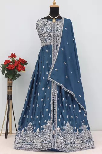 Aqua blue chinon silk embroidered sequence anarkali suit