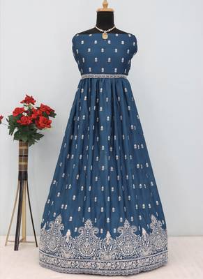 Aqua blue chinon silk embroidered sequence anarkali suit 4