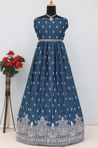 Aqua blue chinon silk embroidered sequence anarkali suit