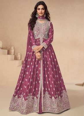 Pink chinon silk embroidered sequence anarkali suit 1