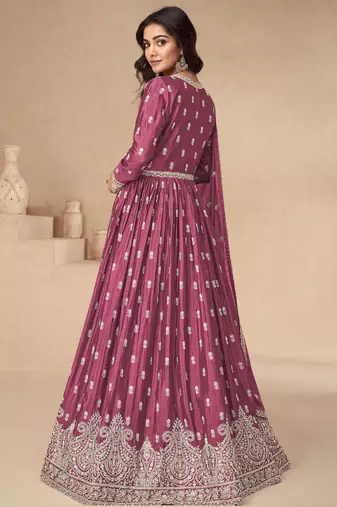 Pink chinon silk embroidered sequence anarkali suit