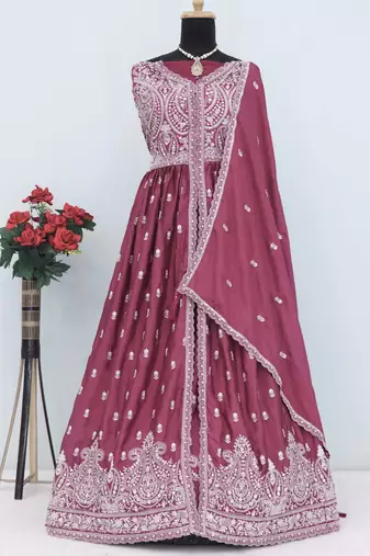 Pink chinon silk embroidered sequence anarkali suit