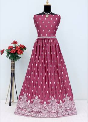 Pink chinon silk embroidered sequence anarkali suit 4