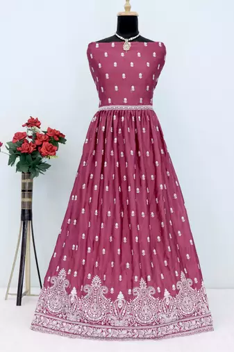 Pink chinon silk embroidered sequence anarkali suit