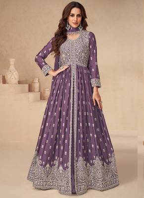 Lavender chinon silk embroidered sequence anarkali suit 1