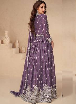 Lavender chinon silk embroidered sequence anarkali suit 2