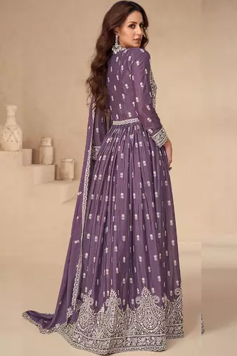Lavender chinon silk embroidered sequence anarkali suit