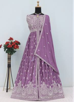 Lavender chinon silk embroidered sequence anarkali suit 3
