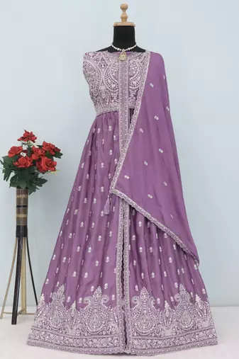 Lavender chinon silk embroidered sequence anarkali suit