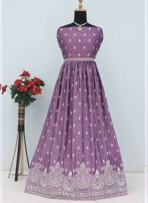 Lavender chinon silk embroidered sequence anarkali suit 4