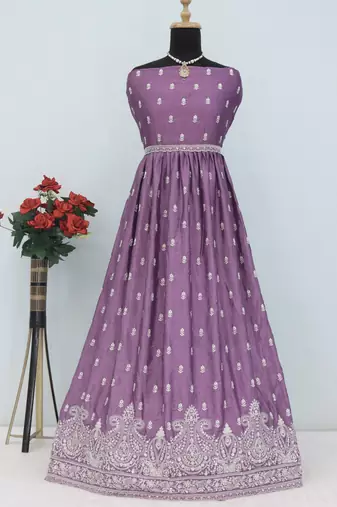 Lavender chinon silk embroidered sequence anarkali suit
