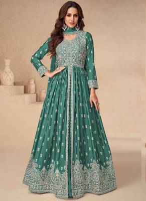 Sea green chinon silk embroidered sequence anarkali suit 1