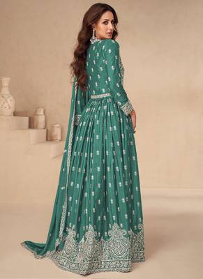 Sea green chinon silk embroidered sequence anarkali suit 2