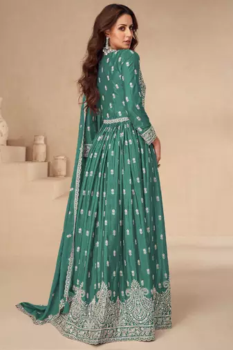 Sea green chinon silk embroidered sequence anarkali suit