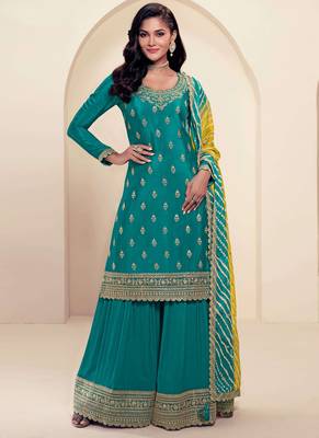 Turquoise chinon silk embroidered sharara suit 1