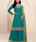 Turquoise chinon silk embroidered sharara suit