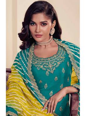Turquoise chinon silk embroidered sharara suit 2