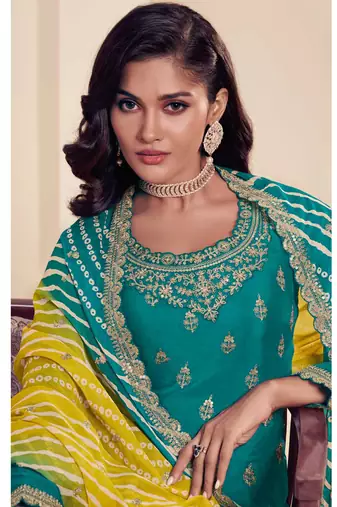 Turquoise chinon silk embroidered sharara suit