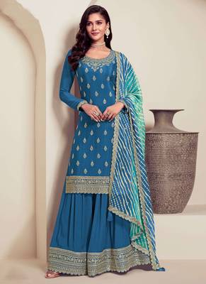 Aqua blue chinon silk embroidered sharara suit 1