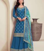 Aqua blue chinon silk embroidered sharara suit