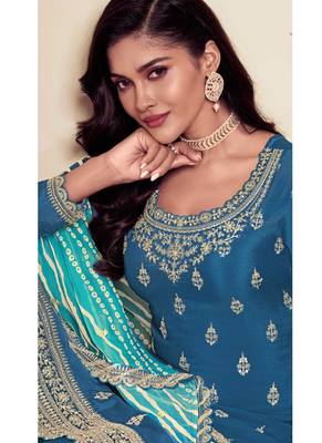 Aqua blue chinon silk embroidered sharara suit 2