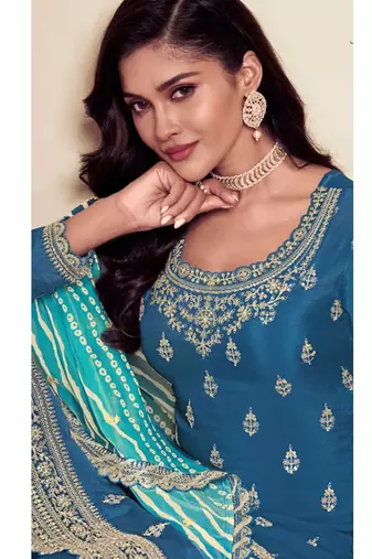 Aqua blue chinon silk embroidered sharara suit