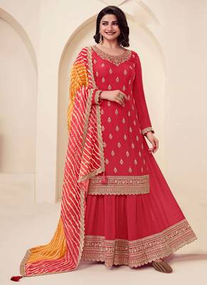 Red chinon silk embroidered sharara suit 1
