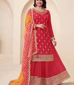 Red chinon silk embroidered sharara suit