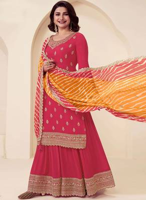 Red chinon silk embroidered sharara suit 2