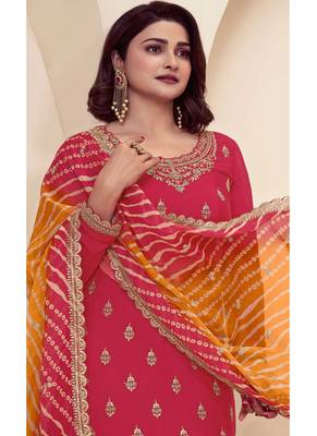 Red chinon silk embroidered sharara suit 3