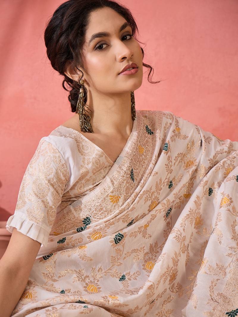 cream Banarasi Dola Cotton Saree with Blouse