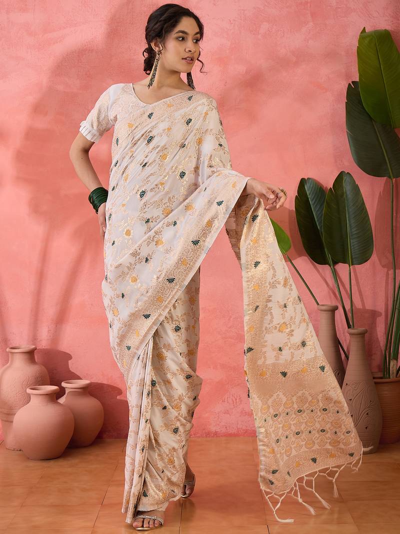 cream Banarasi Dola Cotton Saree with Blouse
