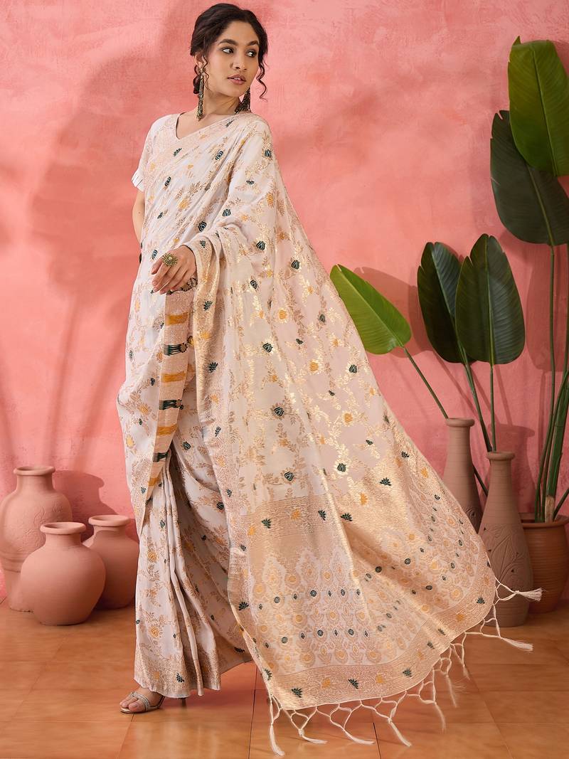 cream Banarasi Dola Cotton Saree with Blouse