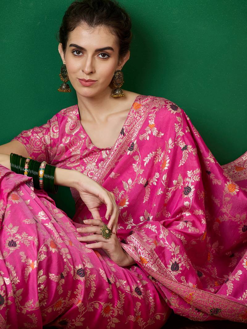 pink Banarasi Dola Cotton Saree with Blouse