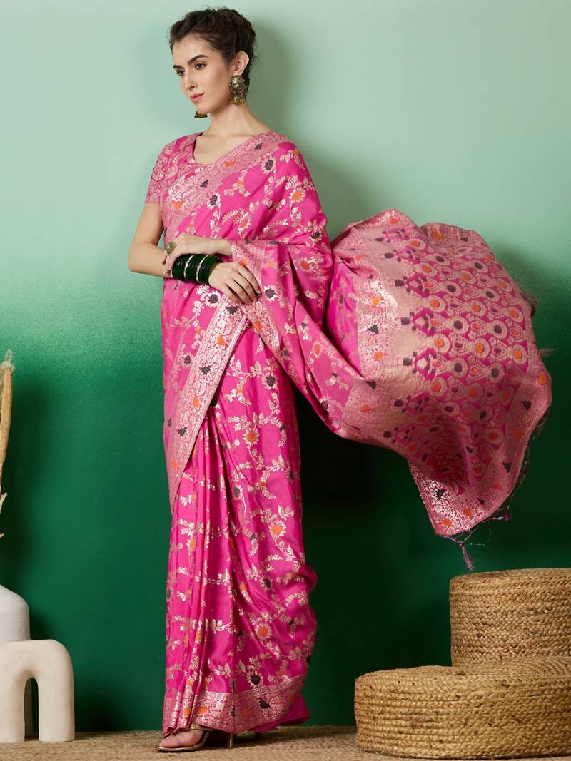 pink Banarasi Dola Cotton Saree with Blouse